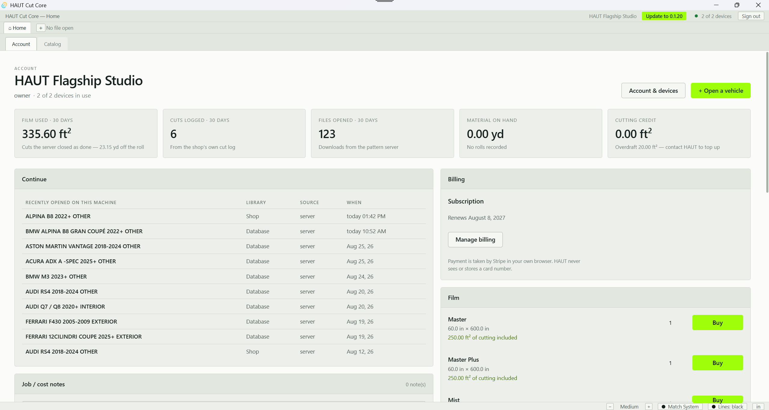 The CUT CORE account screen: film used, cuts logged and files opened over the last 30 days, a list of recently opened vehicles, and the billing and film-ordering panel