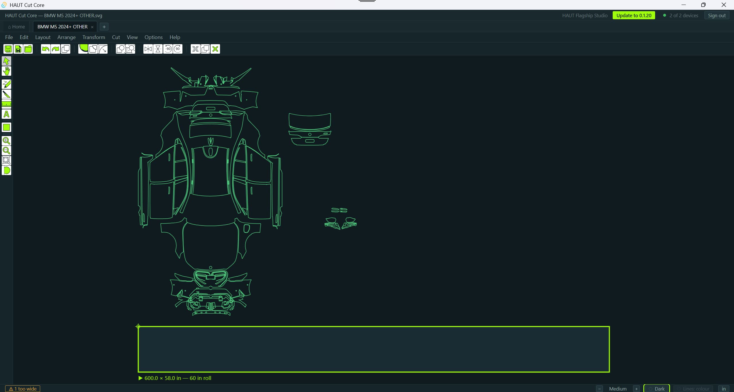 The same CUT CORE editor screen in the dark theme, with the pattern drawn in green on near-black