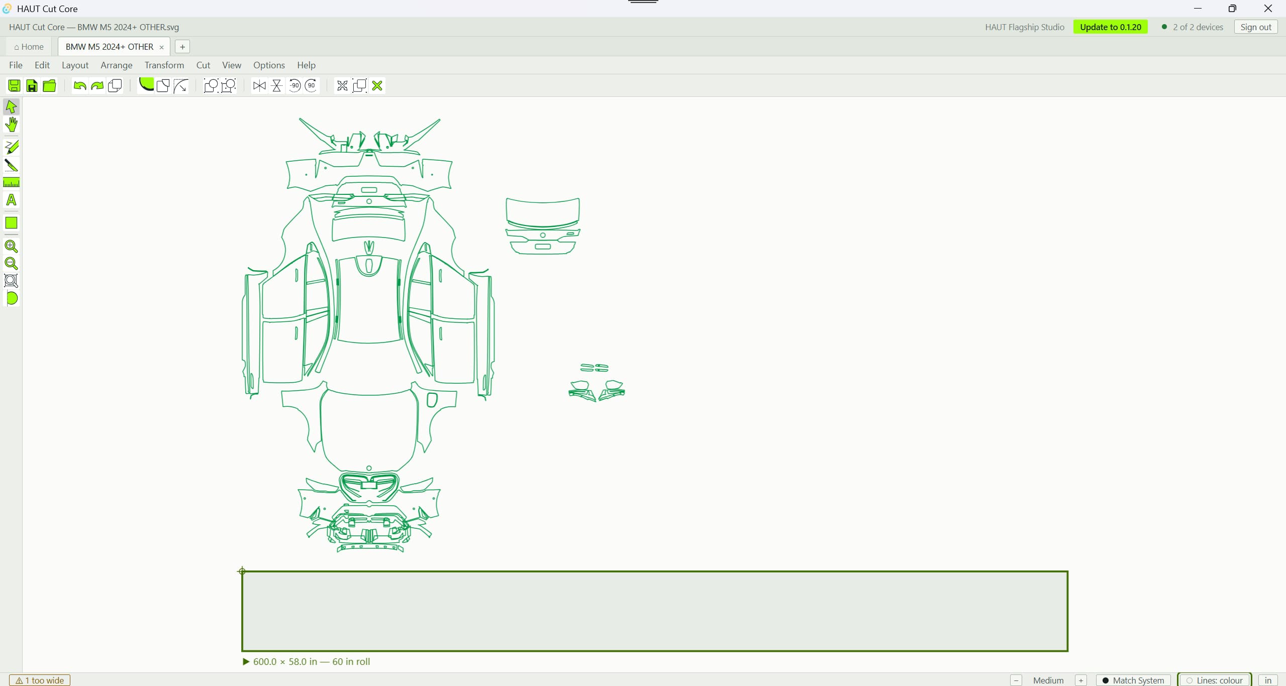The HAUT Software editor in the light theme, showing a BMW M5 kit as delivered with the film blank drawn to scale beneath it